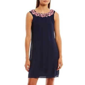 French Connection Dress Cocktail Navy Chiffon Appliqué Beaded Neckline